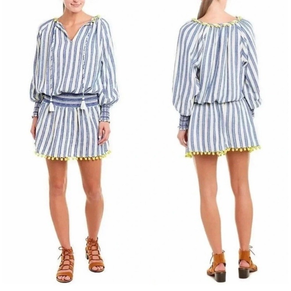 Tessora Blue Luisa Embroidered Stripe Neon Pom Pom Embellished Shift Dress Small